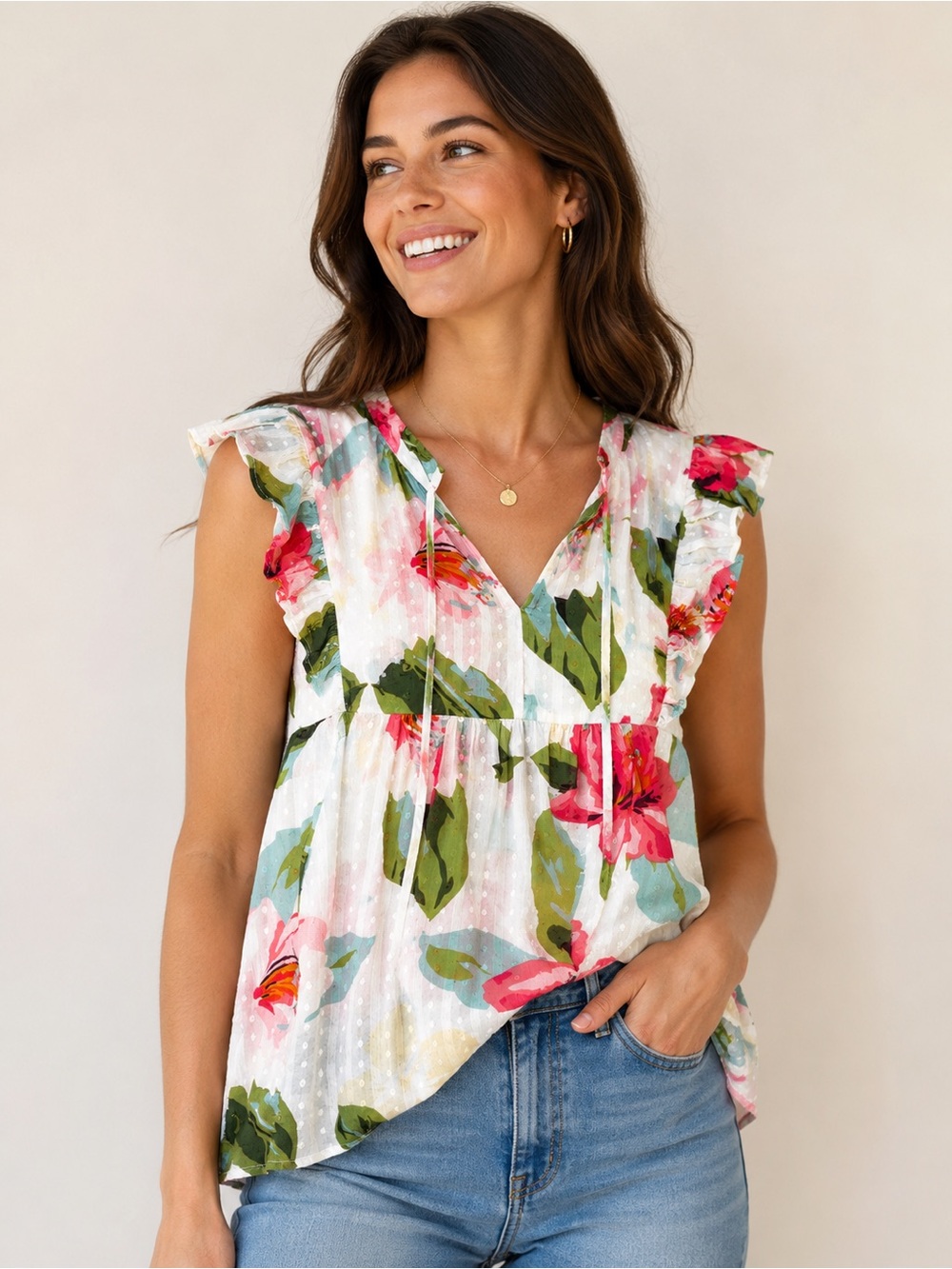 LOFT Petite Floral Swiss Dot Flutter Sleeve Blouse – XSP